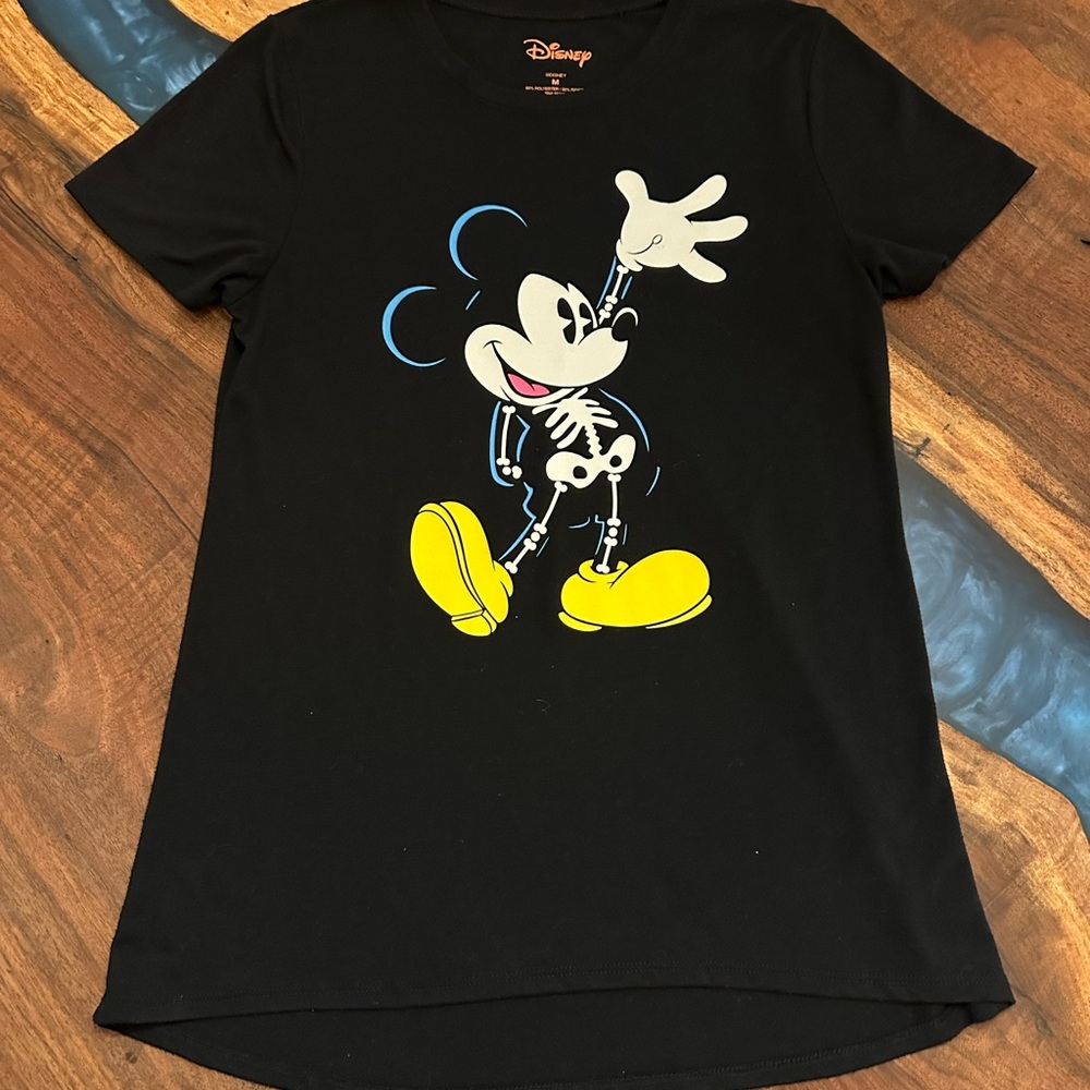 Disney Black Tee with Mickey Skeleton and Yellow Shoes Glows in Dark